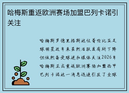 哈梅斯重返欧洲赛场加盟巴列卡诺引关注 哈梅斯重返欧洲赛场加盟巴列卡诺引关注